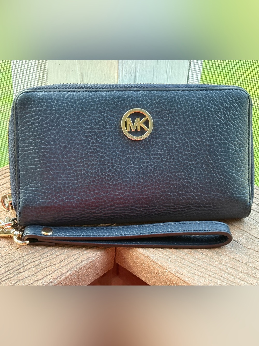 Michael Kors Black Pebbled Leather Wristlet Wallet with Gold MK Medallion
